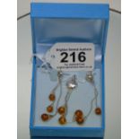 925 SILVER & AMBER PENDANT & EARRINGS, A/F