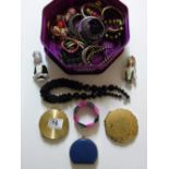 MIXED BOX INCLUDING COMPACTS, CERAMIC HALF LADIES & COSTUME JEWELLERY