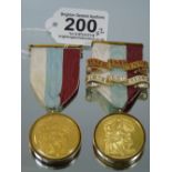 2 X 1940s MASONIC MEDALS / JEWELS , GOLD PLATED, HALL MARKED SILVER RIMS, GLASS MISSING FROM ONE.