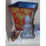 MIXED LOT INCLUDING, BUDDHA FIGURE & DECORATIVE WASTE BIN