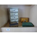 3 WOODEN JEWELLERY BOXES & SMALL WOODEN 4 DRAWER C