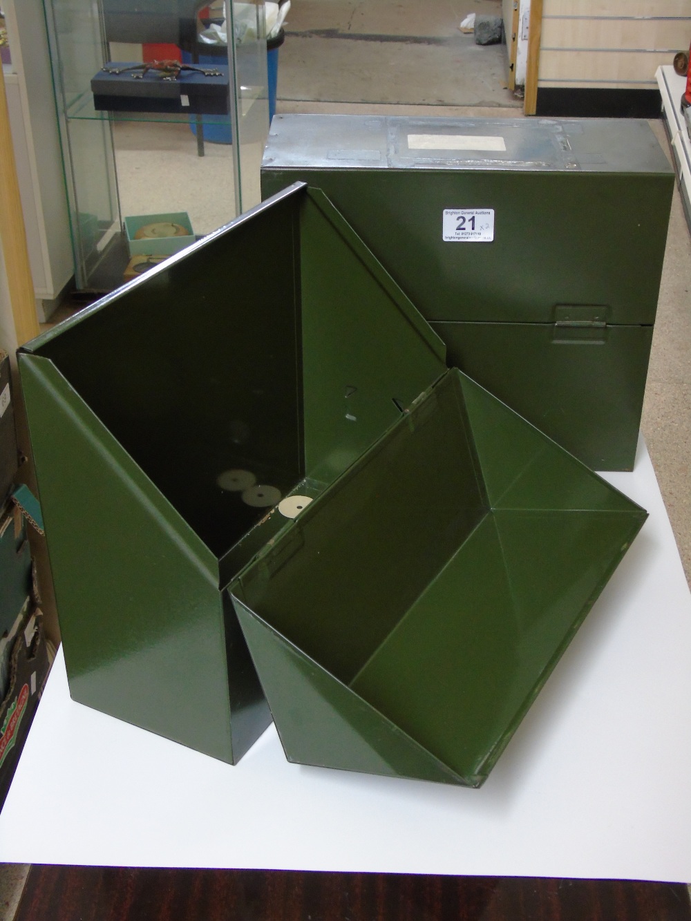 2 GREEN METAL STORAGE BOXES