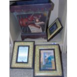 DECORATED WASTE BIN & 3 PICTURE FRAMES