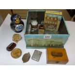 TIN OF MIXED ITEMS INCLUDING RUSSIAN DOLLS & MAUCHLIN WARE