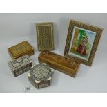 5 X INLAY MOTHER OF PEARL BOXES & A PICTURE FRAME