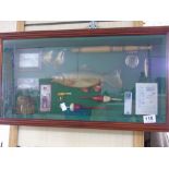 BOXED DIORAMA OF ANGLING ITEMS