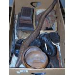 BOX OF WOODEN ITEMS INCLUDING ELEPHANT PLAQUE,BOXES & BOWLS