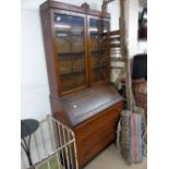 MID 20TH GLAZED SECRETAIRE CABINET WITH DROP LEAF DESK & DOORS