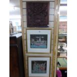 LARGE CARVED WOODEN PLAQUE & 2 FRAMED PAINTED FABRIC PIECES