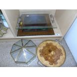 3 GLASS TRAYS & BRASS & GLASS HANGING LAMPSHADE