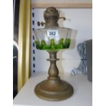 BRASS BASED OIL LAMP WITH CLEAR & GREEN GLASS RESERVOIR