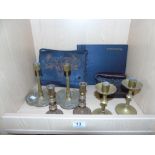 3 PAIRS OF CANDLESTICKS, VINTAGE CASED SPECTACLES + OTHERS