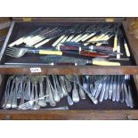 MIXED CUTLERY IN OAK DISPLAY CASE WITH DRAWER