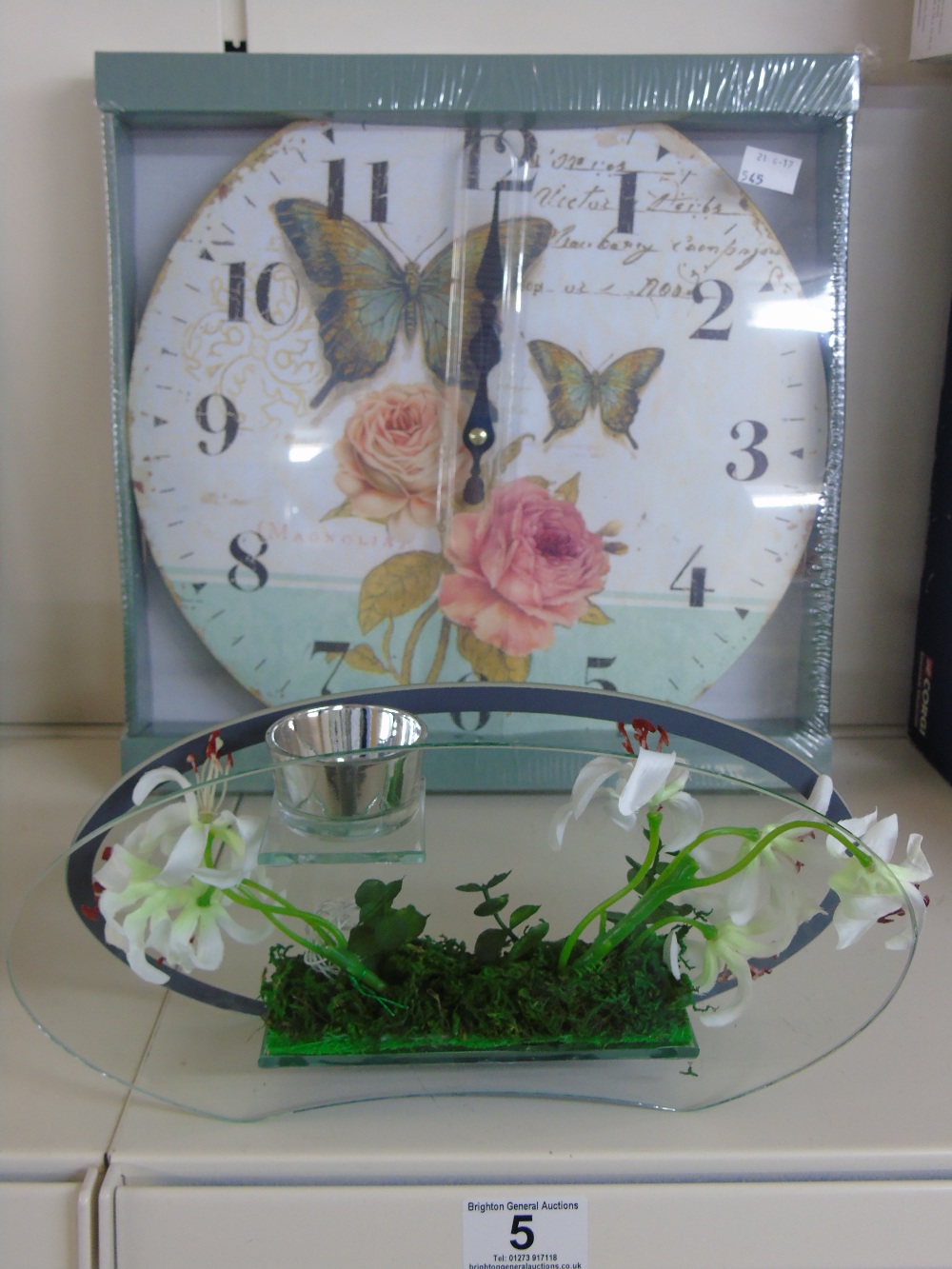 WALL CLOCK DECORATED WITH BUTTERFLIES & ORNAMENTAL CANDLEHOLDER