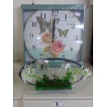 WALL CLOCK DECORATED WITH BUTTERFLIES & ORNAMENTAL CANDLEHOLDER