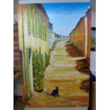 LARGE ACRYLIC CANVASS OF MEDITERRANEAN SCENE WITH CAT 195 X 130 cms