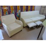 RETRO WHITE SUITE 3 & 2 SEATER & SINGLE LOUNGE CHAIR & 2 FOOTSTOOLS