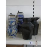 2 BLUE & WHITE STEINS & 2 METAL JUGS