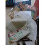 QUANTITY OF CROCHET, EMBROIDERY ITEMS + MONKEY CUSHION & TAPESTRY KITS