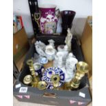 ASSORTED CHINA INCLUDING BRASS CANDLESTICKS