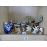 MIXED CERAMICS INCLUDING BLUE & WHITE FIGURES, CORONATION MUGS, CRESTED WARE & 2 ART DECO FIGURES