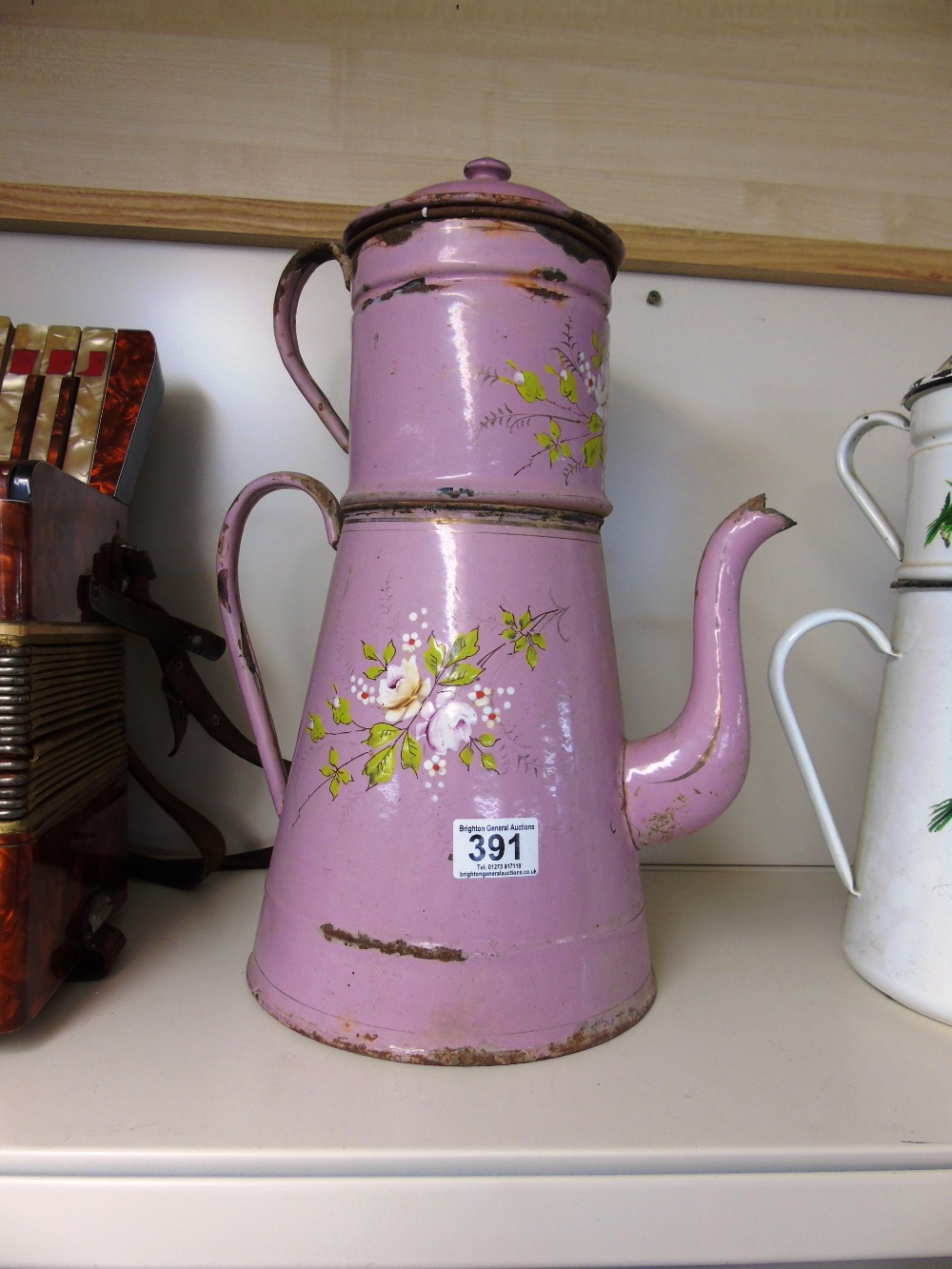 VINTAGE FRENCH PINK ENAMELLED COFFEE POT