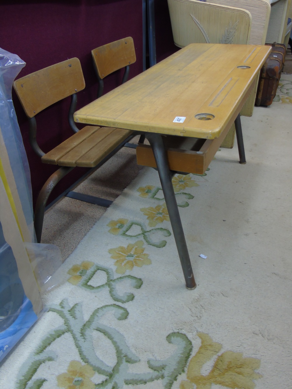 VINTAGE FRENCH CHILDS DOUBLE SEATED SCHOOL DESK - Image 2 of 3