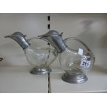 PAIR OF ITALIAN GLASS & PEWTER DUCK DECANTERS