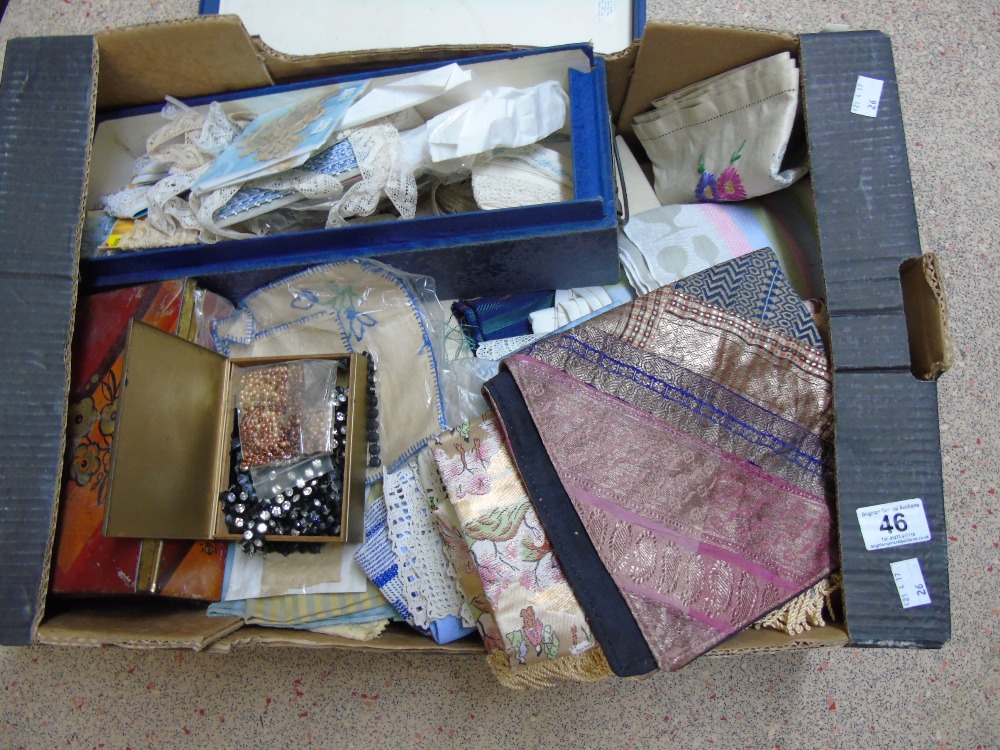 LARGE BOX OF CROCHET, BEADS, FABRIC & SEWING ACCESSORIES