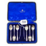 CASE WITH 6 HALL MARKED SILVER TEA SPOONS & PAIR HALL MARKED SILVER SUGAR TONGS