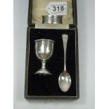 BOXED HALL MARKED SILVER CHRISTENING SET & HALL MARKED SILVER NAPKIN RING. 38.13 GRAMS