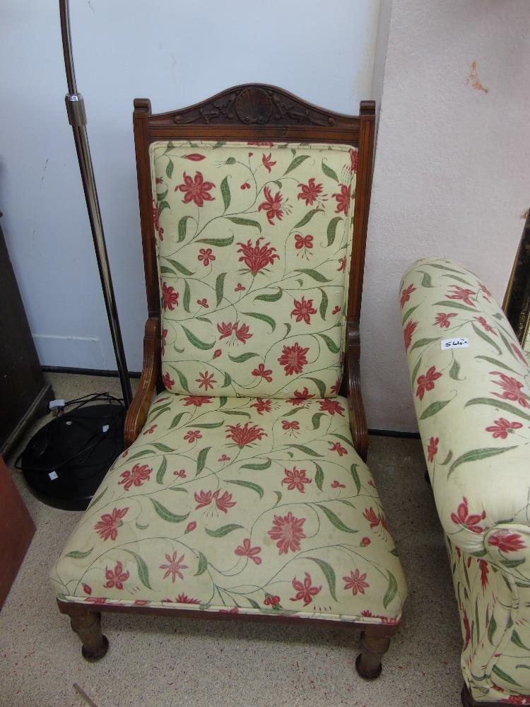 EARLY 20TH CENTURY FLORAL UPHOLSTERED CHAISE LOUNGE & MATCHING CHAIR - Image 2 of 3