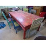 DISTRESSED RED JAVA WOOD TABLE & 6 CHAIRS 200 CM X 100 CM