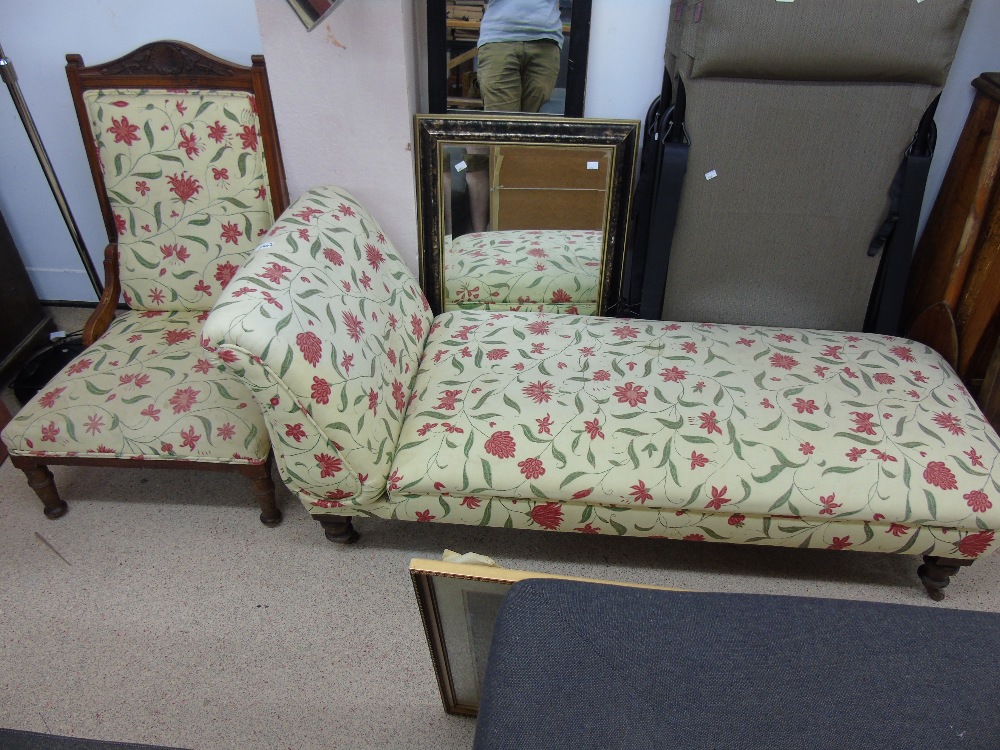 EARLY 20TH CENTURY FLORAL UPHOLSTERED CHAISE LOUNGE & MATCHING CHAIR