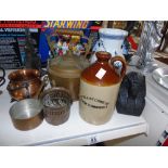 MIXED LOT INCLUDING A STONEWARE FLAGON AND SMALL COPPER CAULDRON