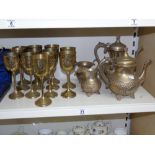 BRASS COFFEE SET AND 12 BRASS GOBLETS