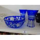 BLUE AND CLEAR CUT GLASS BOWL AND 2 VASES