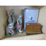 MIXED LOT OF FIGURINES INCLUDING NAO AND LLADRO AND 2 WOODEN BOXES