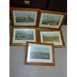 SET OF 3 HUNTING SCENE & 2 HORSE RACING COLOUR PRINTS