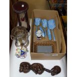 MIXED BOX INCLUDING LARGE HOUR GLASS & WOODEN CARVED FIGURE