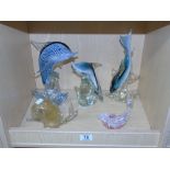 5 LARGE GLASS ANIMAL FIGURINES OF DOLPHINS AND A SNAIL