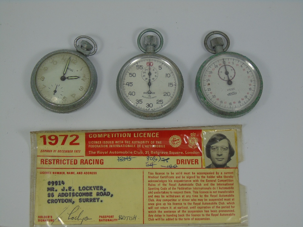2 X SWISS MADE STOP WATCHES, MENTOR & ROCAR, 1 X SMITHS POCKET WATCH + 3 X 1970s AUTOMOBILE RACING - Image 2 of 2