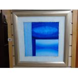 BLUE ABSTRACT PAINTING IN SILVER FRAME 50 X 50 CMS