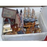 MIXED BOX INCLUDING MODEL OF A SHIP, VINTAGE TINS & CUTLERY