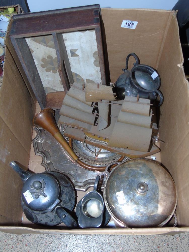 MIXED BOX INCLUDING CUTLERY BOX, SILVER PLATE & COPPER HORN