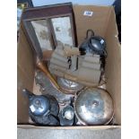MIXED BOX INCLUDING CUTLERY BOX, SILVER PLATE & COPPER HORN