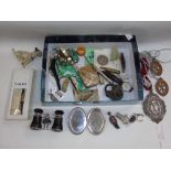 BOX OF MIXED INCLUDING BINOCULARS, METAL DOGS & JEWELLERY