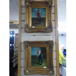 PAIR OF OILS ON BOARD OF GOLFERS