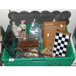 MIXED BOX INCLUDING HORSE BRASSES, STAFFORDSHIRE STYLE FIGURE & MARBLES