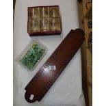 LONG WOODEN CRIBBAGE BOARD,MARBLES & VINTAGE BOXED GLASSES